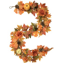 Artificial Fall Maple Leaves Garland Hanging Vine 6Ft Fake Pumpkin Pine Berries Autumn Decoration Garland Decor for Fireplace Home Doorway Party Indoor Outdoor