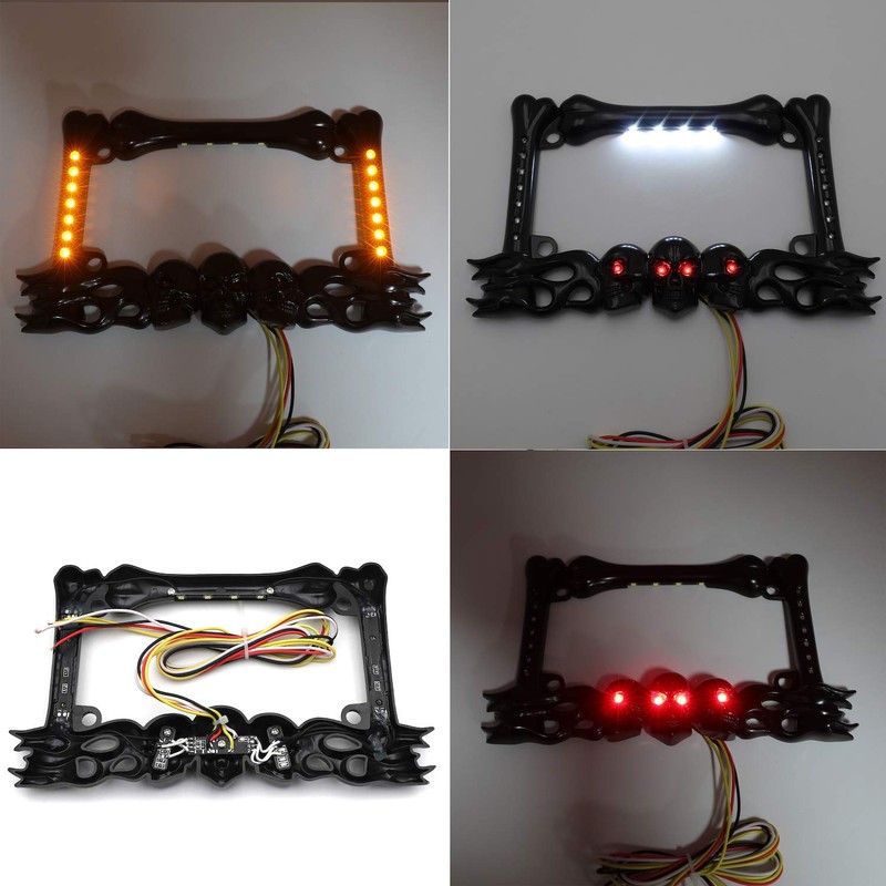 HTTMT- 3D Black Skull Flame Bone License Plate Frame w/LED