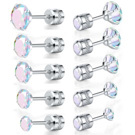 Titanium Screw Back Pack of Earrings Aurora Borealis Cubic Zirconia Studs for Women Men 20G Helix Surgical Stainless Steel Hypoallergenic for Sensitive Ears Simulated Diamond Rainbow, Titanium, Cubic Zirconia