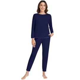 NACHILA Pajamas for Women-Viscose Made from Bamboo,Long Sleeve Sleepwear Comfy Pants Pajama Set Pleated Pjs with Pocket Navy Blue L
