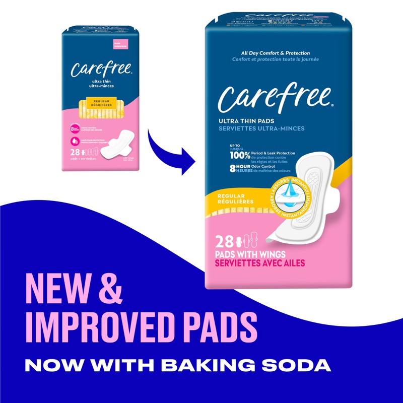 Carefree Ultra Thin Pads for Women, Regular Pads with Wings,
