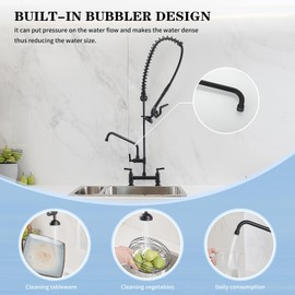 Bathfinesse Commercial Sink Faucet 8 Inch Deck Mount 43" Height with 12" Spout Two Handle Coiled Spring Pull Down Spray Pre Rinse Kitchen Faucet with High Pressure Spray Valve, Black