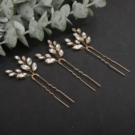 Teyglen 3pcs Crystal Wedding Hair Pins Set Handmade Bridal Crystal Hair Pins Clips Wedding Hair Accessories for Bride Gold Silver Rhinestone Bridal Hair Pieces for Women Girls (Gold)