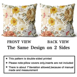 Snycler Vintage Flowers Pillow Covers 18x18 Inch Set of 2 Red Yellow Floral Leaves Decorative Square Boho Throw Pillows for Couch Rustic Pillow Cases Home Decor Living Room Sofa Porch Outdoor