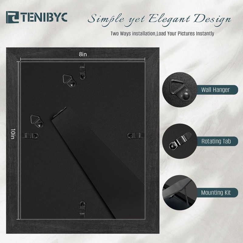 TENIBYC 8x10 Picture Frame 4 Pack, Black Wooden Textured, HD