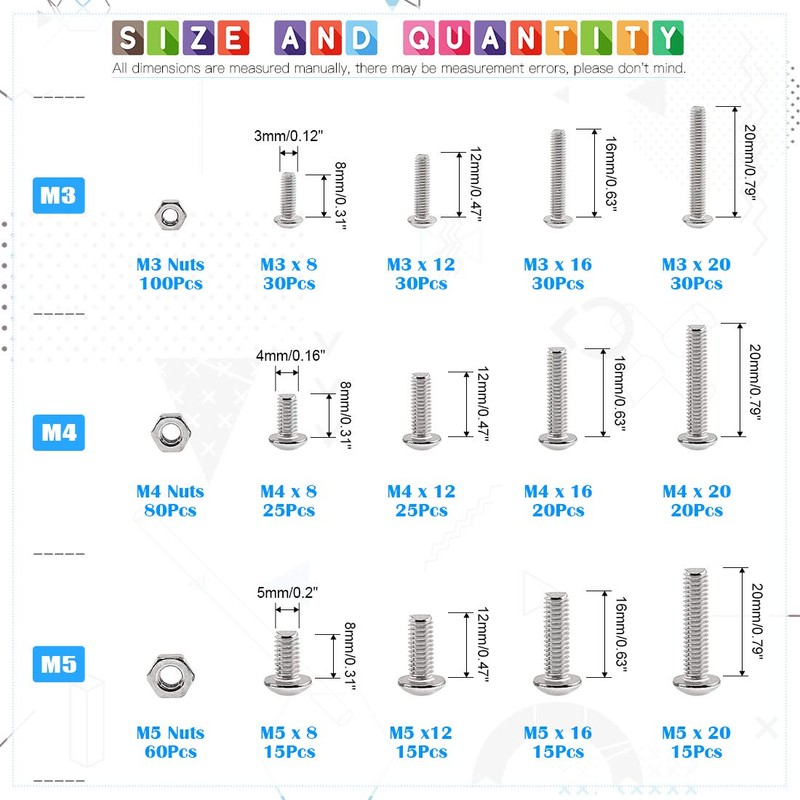 Glarks 510pcs M3 M4 M5 304 Stainless Steel Hex Socket