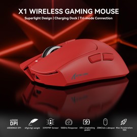 Attack Shark X1 Wireless Gaming Mouse with RGB Charging Dock, PAW3950 PRO Sensor Up to 40K DPI,53g Ultralight Tri-Mode Computer Mice,1KHz Polling Rate 5 Programmable Buttons for Win/Mac-Red