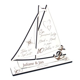 DEKOLANDO Rose Wedding Decoration Wedding Anniversary 10th Anniversary with Name of Choice Date Wooden Stand Ship - A Common Way, Hand in Hand - 18 x 20 cm