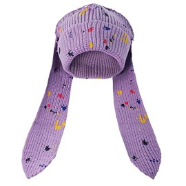 Solyinne Knit Beanie Hats Cute Bunny Long Ears Funny Hat Fluffy Winter Cap Warm Knit Rabbit Crochet Skull Cap Outdoor Slouchy Hat, Doodle Purple, One Size