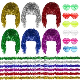 6 PCS Tinsel Wig, Party Wigs for Adults, Comes with 6 Long Fur Strips and 6 Heart-Shaped Glasses, Reusable, Suitable for Neon Party Masquerade Men and Women Role Play Wig Party (Multicolor)