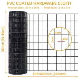 Black Metal Garden Fence, 36inch(H) x 50ft(L), 2 inch x 3 inch,14GA 2/3/4/5/6 Ft Tall Chicken Wire PVC Coated Welded Wire Mesh Roll for Dogs Border Yard Vegetable Plant Protection Poultry Netting