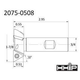 HHIP 2075-0508 60 Degree Indexable Dovetail Cutter, 3 Flute, 1-7/8" Cutting Diameter, 3/4" Shank, 2.95" OAL, 1-7/8" Cutting Diameter