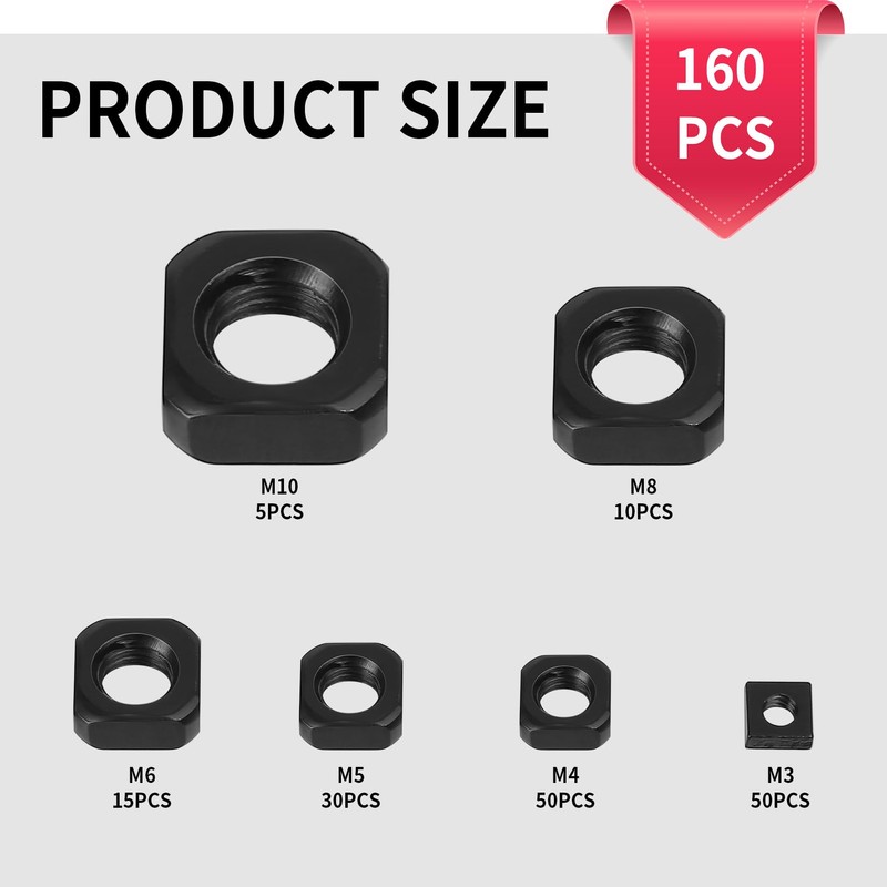 160 Pieces M3 M4 M5 M6 M8 M10 Carbon Steel