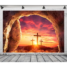 CORFOTO 5x4ft Fabric Sunrise Mountain Three Crosses Jesus Christ Backdrop Empty Tomb Easter Resurrection Cross Religion Holy Background for Church Event Party Supplies Easter Christmas Photo Props