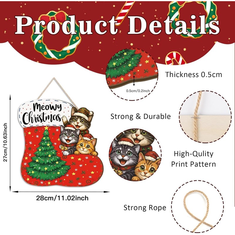 Meowy Christmas Wood Sign Merry Christmas Wall Hanging for Front