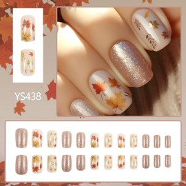 Autumn Press on Nails Short Fake Nails with Red Yellow Maple Leaves Designs Full Cover Glitter Fall Acrylic Nails Square Shaped False Nails Artificial Stick on Nails for Women Nails DIY 24 Pcs