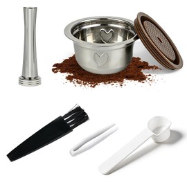 Reusable Coffee Pods Kit, 80ml Stainless Steel Coffee Capsule with Silicone Lid, Spoon, Brush, Coffee Tamper, Tweezers