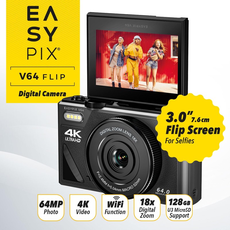 Easypix V64 Flip, Digital Camera with Flip Screen, Hinged 3.0