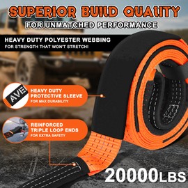 Heavy Duty Recovery Tow Strap, 20000LBS Break Strength (2" x20'), Emergency Tow Rope for Truck Jeep ATV & More, Towing Strap with 2Pcs D Ring Shackles, Reflective Safety Flag, Storage Bag, Black