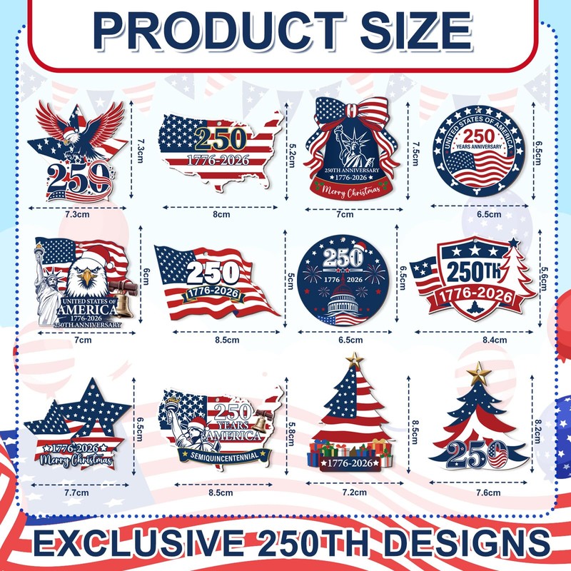 24 Pcs 250th Christmas Wooden Ornaments Red White Blue Tree