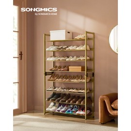 SONGMICS Shoe Rack, 8-Tier Shoe Organizer, Metal Rack for Garage, Set of 2, 4-Tier Stackable Shelf, with Adjustable Flat or Angled Shelves, 32-40 Pairs, Pale Gold ULMR08A02