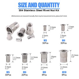 Glarks 126Pcs 304 Stainless Steel M3 M4 M5 M6 M8 M10 Flat Head Threaded Rivetnut Insert Nutsert Rivet Nut Assortment Kit