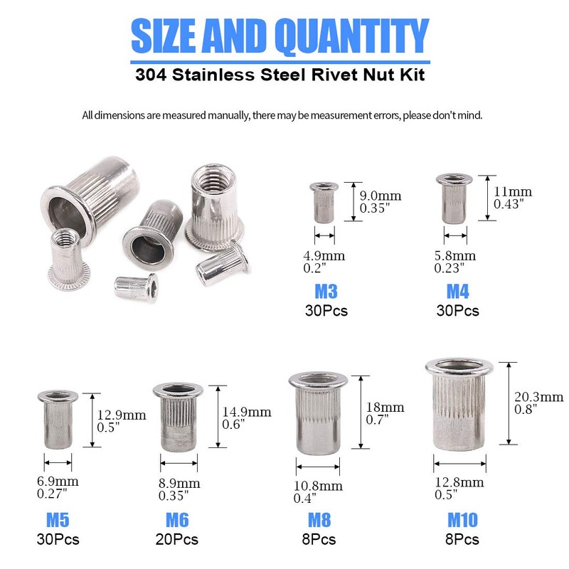 Glarks 126Pcs 304 Stainless Steel M3 M4 M5 M6 M8