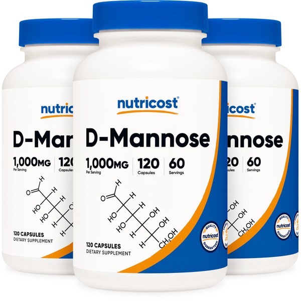Nutricost D-Mannose 500 mg, 120 Caps (3 Bottles) - 1000mg Per Serving, Non-GMO and Gluten Free