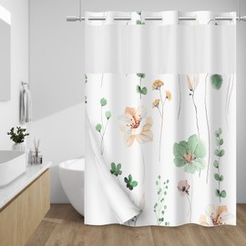 WITHLOC No Hook Shower Curtain with Snap in Liner - Floral Shower Curtain - Fabric Waterproof Inner Liner, Plants Watercolor Sage Green Modern Cloth Shower Curtains - Machine Washable, 71 x 80