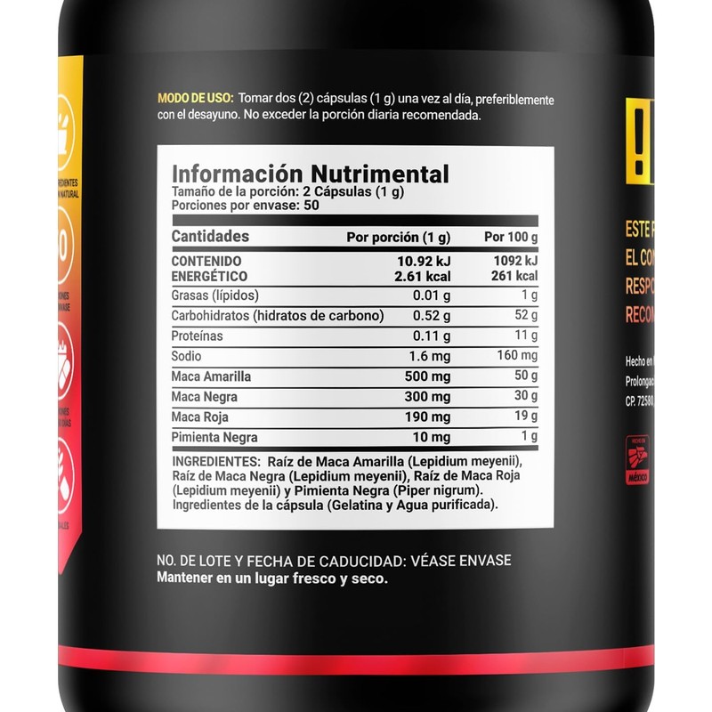 Complejo de Maca 100 Cápsulas 1000 mg por porción. Maca