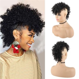 KRSI Afro High Puff Hair Bun Ponytail Drawstring With Bangs Synthetic Jerry Curly Mohawk Kinkys Curly Fauxhawks Pony Tail Clip in on Ponytails for Women Hair Extensions with six Clips(Black)