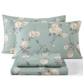 HLC.ME Vintage Green Floral Bed Sheets - 4 Piece Bed Sheet Set - Wrinkle Resistant & Ultra Soft - Fits Mattresses up to 15 Inches Deep (Full)
