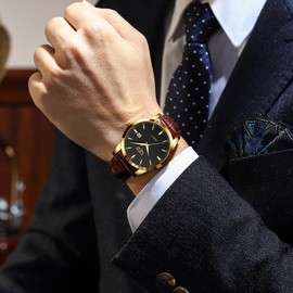 LIGE Men's Watches Waterproof Quartz Wrist Watches for Men Watch with Date Leather Strap Retro Business Men's Watches, Gold black, Classic, minimalist, retro, glam