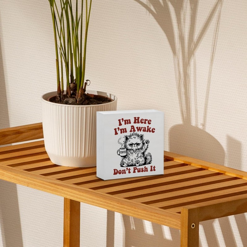 Funny Office Desk Decor, Cat Coffee Wooden Sign, Cute Office