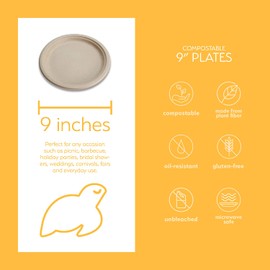 100% Compostable Disposable Paper Plates Bulk [9" 50 Pack], Bamboo Plates, Eco Friendly, Biodegradable, Sturdy Large Dinner Party Plates, Heavy-Duty, Unbleached by Earth's Natural Alternative