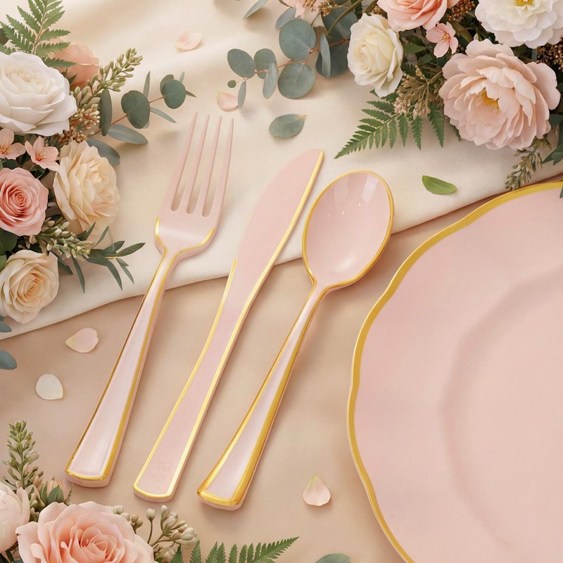 120pcs Pink and Gold Plastic Silverware Disposable Utensils Set