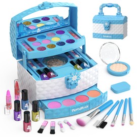 PERRYHOME - Kit de maquillaje para niños, 35 piezas, lavable, cosmético real, seguro y no tóxico, juego de maquillaje congelado para niños de 3 a 12 años, regalo de Navidad y cumpleaños (azul-rosa)