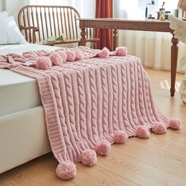 Chenille Chunky Knitted Throw Blanket with 14 pcs Pom Poms Tassel Super Soft Cozy Warm Blanket for Sofa Bed Soft Couch 50 x60 inches (Pink)?-¡­