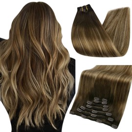 Full Shine Clip in Hair Extensions Human Hair Color 2/3/27 Balayage Ombre Darkest Brown Fading to Brown and Caramel Blonde Extensions Clip ins for Short Hair 12 Inch 7 Pieces