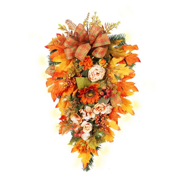 MISNODE 21.7in Artificial Fall Teardrop Wreath With Lights, Fall Harvest Swag With Maple Leaves And Berry, Thanksgiving Autumn Swag For Front Door Decor