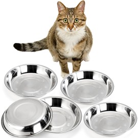 DEAYOU 5 Pack Stainless Steel Cat Bowls, 7" Metal Cat Food and Water Dish, 16 OZ Basic Pet Feed Bowl for Kitten, Puppy, Wide Shallow Replacement Bowl Plate for Dog, Elevated Stand, Dishwasher Safe