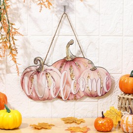 Soaoo Fall Thanksgiving Door Sign Pink Pumpkin Wood Decor Welcome Autumn Wooden Hanging Sign Pink and Gold Pumpkin Tree Rustic Farmhouse Front Door Yard Fall Outdoor Porch