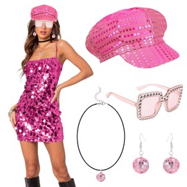 Raveparty Sequin Hat Abba Accessories Disco Accessories for Women with Hat Glasses Earrings for Women 70s Disco Retro Party (Pink)