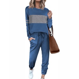 Ekouaer Womens Pajamas Set Long Sleeve Sweatsuits 2 Piece Lounge Set Crewneck Loungewear with Pockets S-XXL Navy