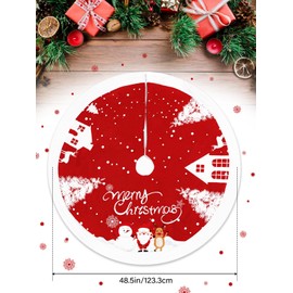Kalolary 48 Inch Christmas Tree Skirt, Large Red Plush Xmas Tree Mat with Santa Snowman Elk Snowflakes Rustic Patterns Holiday Fur Decorations for Christmas Holiday Party Tree Decoration