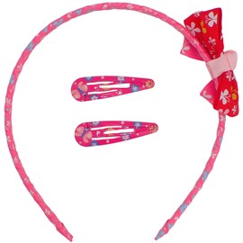 Topkids Accessories 3pc 1cm Alice Band/Head band with Snap Hair Clips, Hair band & Sleepies Set, School Hair Bands & Metal Hair Clips for Girls, Hair Accessories for Girls (Pink/Red)