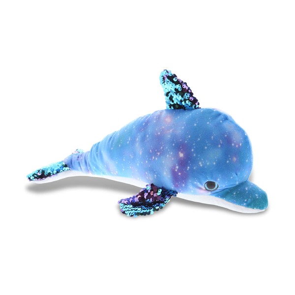 DolliBu Dolphin Space Sequin Super Soft Stuffed Animal, Cute Flip Sequins Dolphin Stuffed Animals for Girls, Boys, Adults, Reversible Sequin Animal Gifts, Kids Space Galaxy Bed Room Decor - 12 Inches