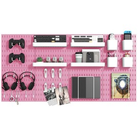 VEOFEMLEA Pegboard Combination Kit, 8 Peg Boards and 30 Accessories Modular Hanging Black Pegboard for Walls, Office Wall Organizer, Keys Holder on Wall, Nursery Storage, 44"x22" Pink
