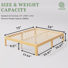 Viisari Bamboo Wood Bed Frame Full with Steel Slats, 12 Inch Platform Full Size Bed Frame No Box Spring Needed, Solid Foundation, Easy Assembly, Ample Under-Bed Storage, Noise-Free