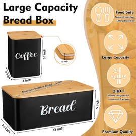 Domensi Metal Bread Box and Ceramic Butter Dish with 3 Airtight Kitchen Canisters Farmhouse Storage Canister Set for Kitchen with Bamboo Cutting Board Lid and Stainless Steel Butter Knife (Black)